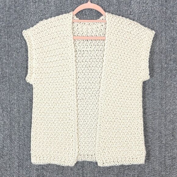 Hand Made Knit Sweater Vest Womens Small Ivory Crochet Open Front Cardigan - Picture 1 of 8
